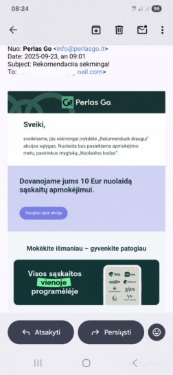 Naujiems klientams! Perlas GO 10 € nuolaidos kodas