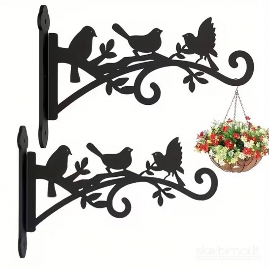 2 vnt. juodi metaliniai augalų pakabinimo laikikliai su paukščių dizainu