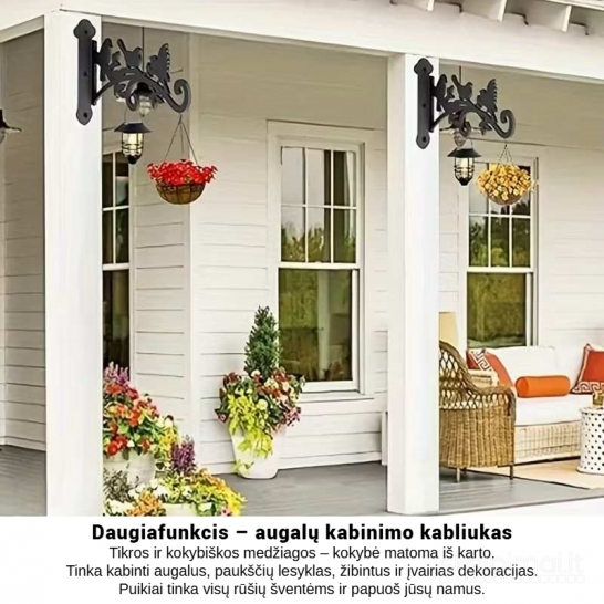 2 vnt. juodi metaliniai augalų pakabinimo laikikliai su paukščių dizainu