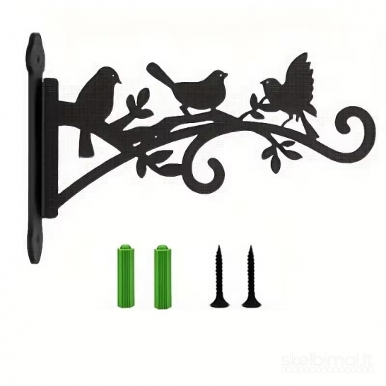 2 vnt. juodi metaliniai augalų pakabinimo laikikliai su paukščių dizainu