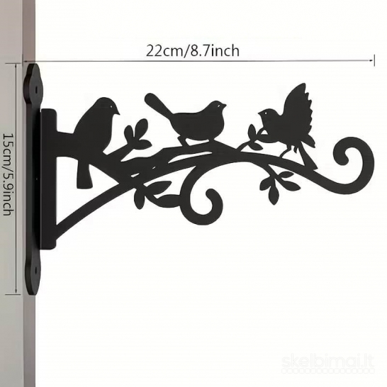 2 vnt. juodi metaliniai augalų pakabinimo laikikliai su paukščių dizainu