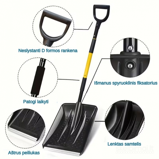 Teleskopinis sniego kastuvas su patogia D formos rankena