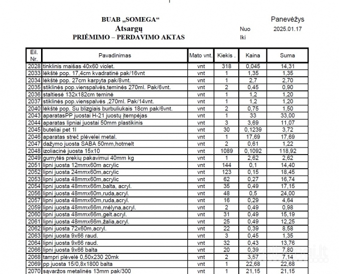 Parduodamos BUAB „Somega“ atsargos – pakavimo prekės