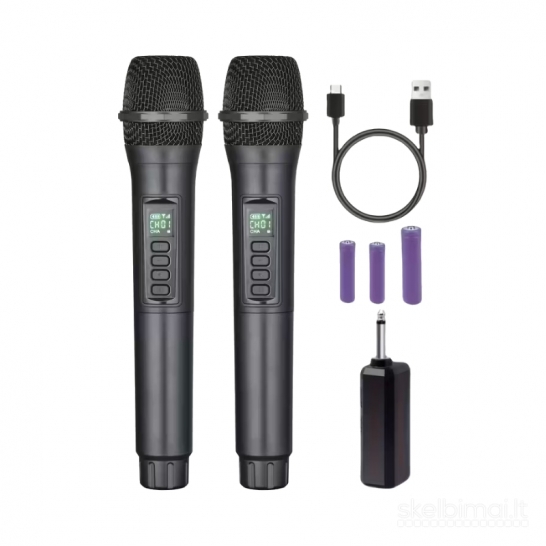 2 belaidžiai mikrofonai su garso reguliavimu ir USB-C įkrovimu, juodos spalvos