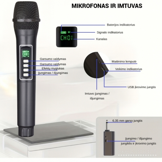 2 belaidžiai mikrofonai su garso reguliavimu ir USB-C įkrovimu, juodos spalvos