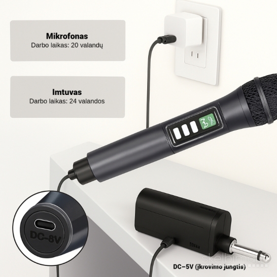 2 belaidžiai mikrofonai su garso reguliavimu ir USB-C įkrovimu, juodos spalvos