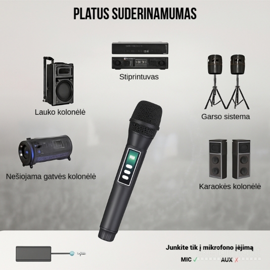 2 belaidžiai mikrofonai su garso reguliavimu ir USB-C įkrovimu, juodos spalvos