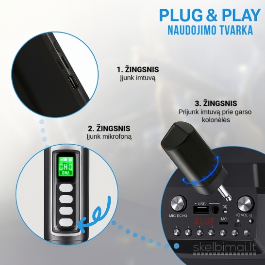 2 belaidžiai mikrofonai su garso reguliavimu ir USB-C įkrovimu, juodos spalvos