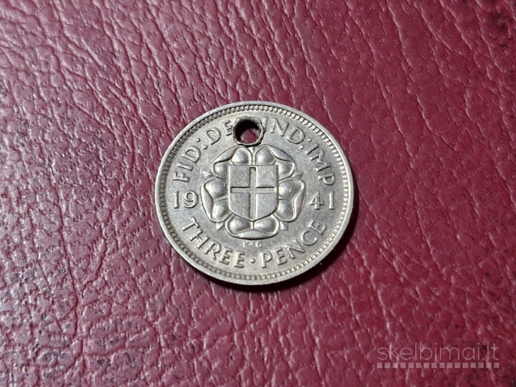 Jungtinė Karalystė 3 pensai, 1941 KM# 848 skylutė