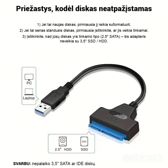 USB 3.0 į SATA adapteris 2.5 SSD ir HDD diskams