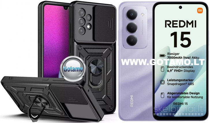 720 B-Ultra dėklas-šarvai Xiaomi Redmi 15 4G su žiedu ir kameros apsauga, juodas