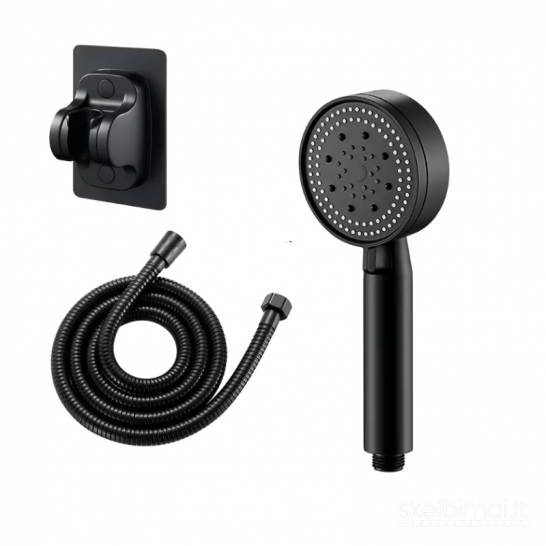 Juoda 5 režimų dušo galvutė su 1,5 m žarna ir sieniniu laikikliu