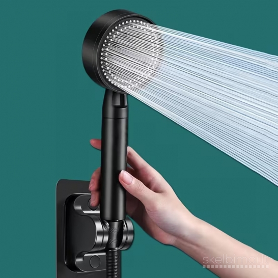 Juoda 5 režimų dušo galvutė su 1,5 m žarna ir sieniniu laikikliu