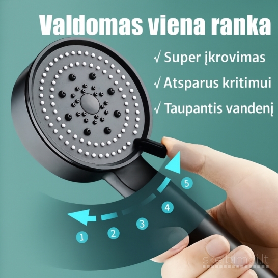 Juoda 5 režimų dušo galvutė su 1,5 m žarna ir sieniniu laikikliu