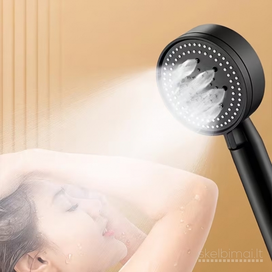Juoda 5 režimų dušo galvutė su 1,5 m žarna ir sieniniu laikikliu