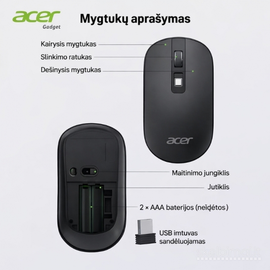 ACER 2.4 GHz plona USB belaidė pelė – juodos spalvos