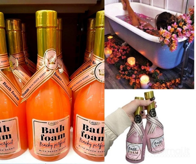 Prabangios vonios putos ir druska šampano butelyje