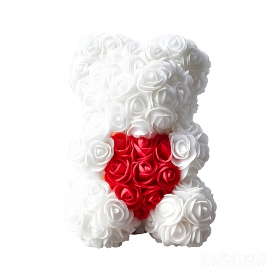 Baltas dirbtinių rožių meškiukas su raudona širdimi