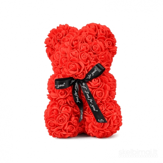 Raudonas meškiukas iš dirbtinių rožių su juodu kaspinėliu