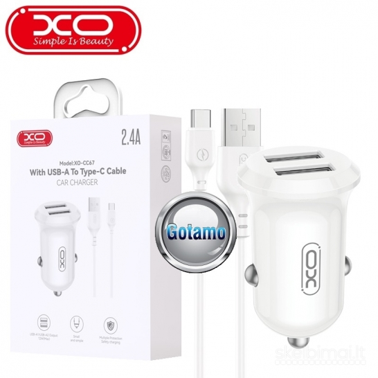 817 Auto kroviklis USB 12W 2 lizdų su Type-C laidu XO WWW.GOTAMO.LT