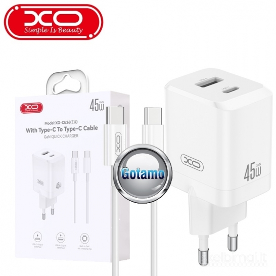 822 Type-C tinklo kroviklis 45W GaN ir Type-C į Type-C laidas XO