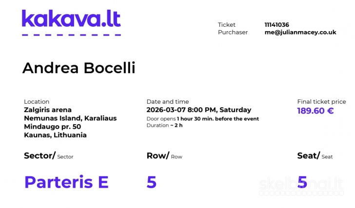 Bilietas in Andrea Bočeli koncertą