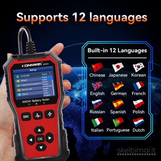 Naujas KW341 Akumuliatorių baterijų testeris analizatorius 6V, 12V, 24V