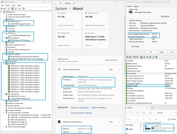 HP Pavilion 15-eh3006ny / R5 7530U / 16GB DDR4 3200 MHz / Intel 512GB NVMe