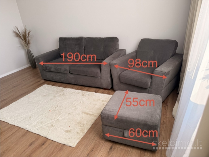 Minkštu baldu komplektas: sofa, fotelis ir pufas