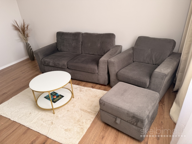 Minkštu baldu komplektas: sofa, fotelis ir pufas