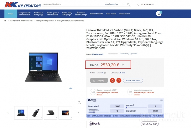 Lenovo ThinkPad X1 Carbon Gen 9 / i7 1185G7 / 16GB / 256GB NVMe / 1.12 KG