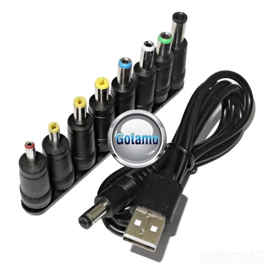 962 USB maitinimo laidas į DC 5.5x2.1mm su 8 keičiamais antgaliais (adapteriais)