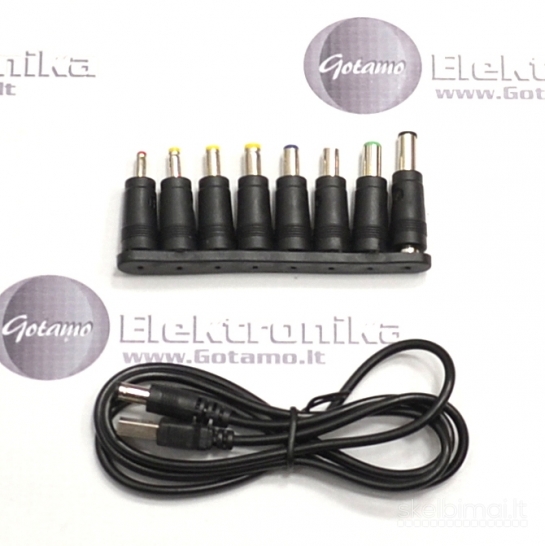 962 USB maitinimo laidas į DC 5.5x2.1mm su 8 keičiamais antgaliais (adapteriais)