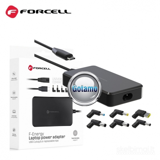 964 Universalus nešiojamo kompiuterio kroviklis Forcell 90W USB-C + antgaliai