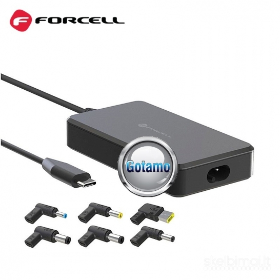 964 Universalus nešiojamo kompiuterio kroviklis Forcell 90W USB-C + antgaliai