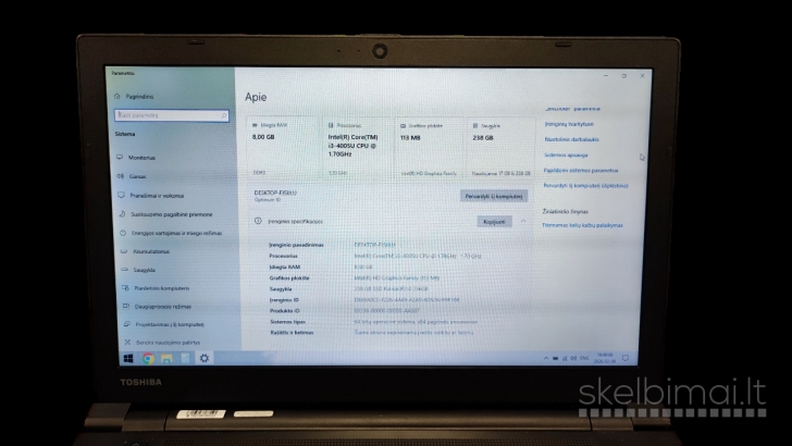 Toshiba 15.6 i3-4005u RAM 8gb SSD 256gb