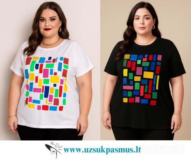 Didelių dydžių palaidinės su spalvotais raštais ir blizgiomis akutėmis