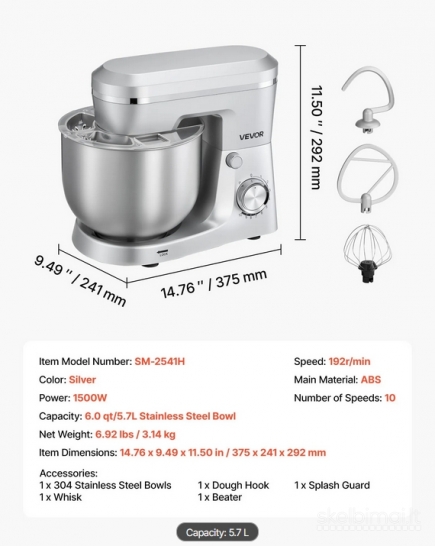 Naujas galingas vokiškas planetarinis mikseris 1500W (5.7L)