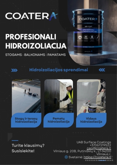 HIDROIZOLIACIJOS SPRENDIMAI STOGAMS, PAMATAMS IR TERASOMS