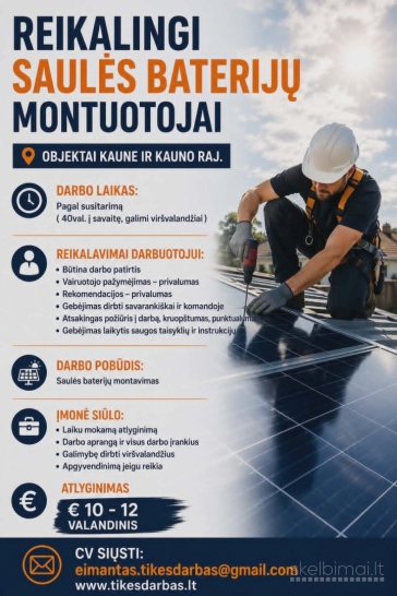 Ieškomi saulės baterijų montuotojai