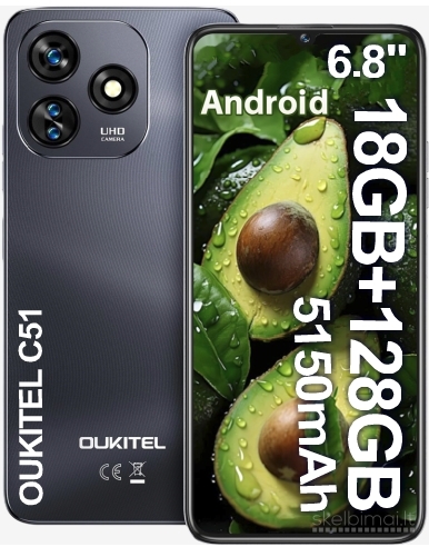 Naujas telefonas OUKITEL C51 128GB / 18GB, talpi 5150mAh baterija