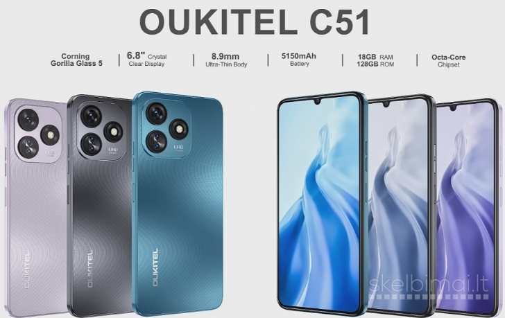 Naujas telefonas OUKITEL C51 128GB / 18GB, talpi 5150mAh baterija