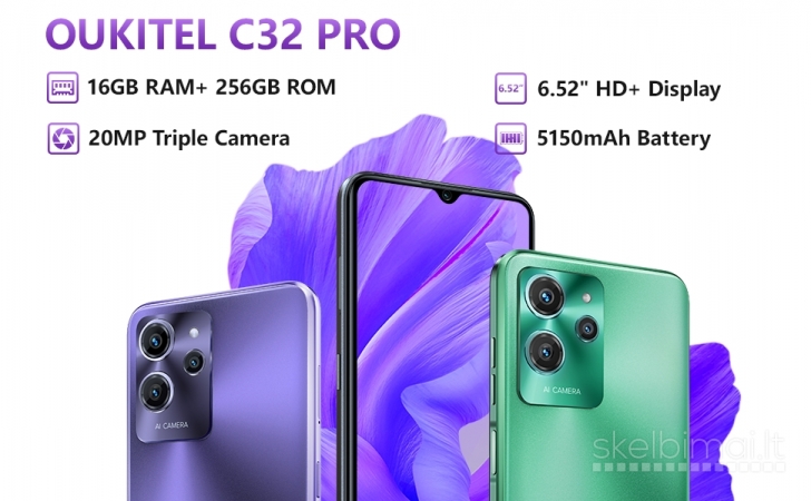 Naujas išmanusis telefonas OUKITEL C32 Pro 256GB / 16GB, talpi 5150 mAh baterija