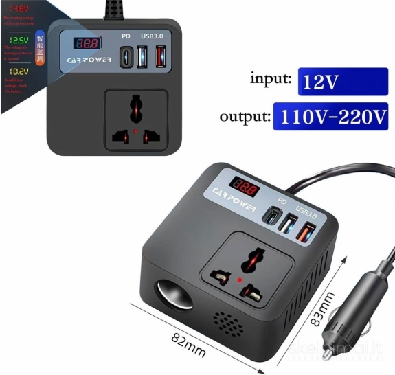 Naujas 12V į 220V inverteris įtampos keitiklis 150W su USB