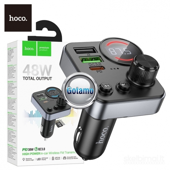 1266 FM moduliatorius Hoco E86 su Type-C 30W ir USB QC 3.0 – iki 48W galia