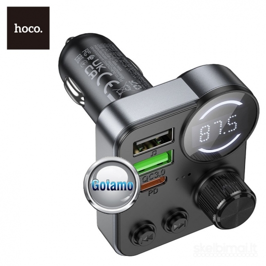1266 FM moduliatorius Hoco E86 su Type-C 30W ir USB QC 3.0 – iki 48W galia