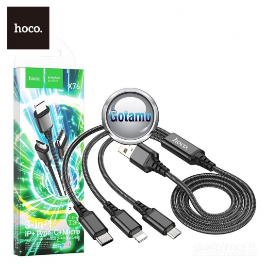 1290 3in1 laidas Apple Lightning, Type-C, Micro USB 1 metras 15W Hoco