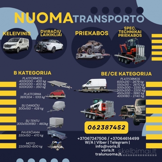 ESKAVATORINIŲ-MOTO-PLATFORMŲ-BORTINIŲ-TENTINIŲ PRIEKABŲ NUOMA