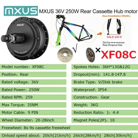 Naujas Galinis El. Dviračio Variklis Mxus XF08C 250W 36V