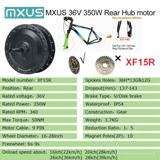 Naujas Mxus Xf15R 350W 36V Galinis El. Dviračio Variklis
